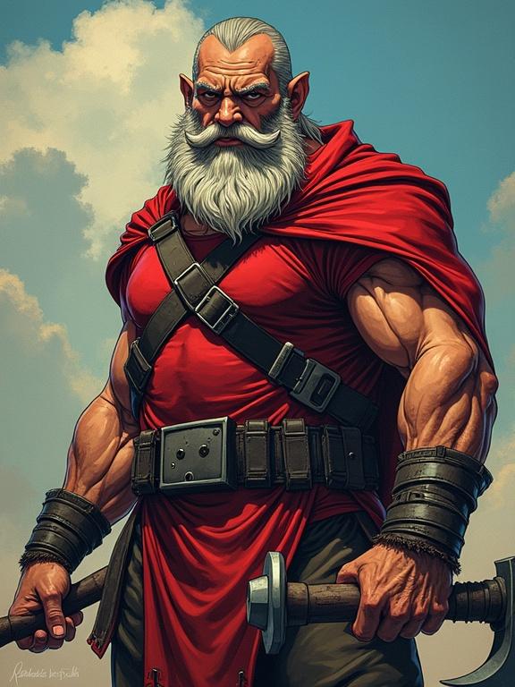 Digital hand-drawing blend of manga and comic illustration with cel-shading using rotoscope. Cinematic composition featuring a muscular dwarf with a beard. Dwarf holds an axe. Bold outlines and detailed textures highlight strength and heroism.