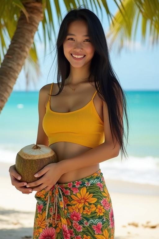 Taiwanese woman stands under coconut tree at the beach. She holds a coconut. Wears yellow top and colorful floral sarong. Has long straight black hair and a natural smile. Around 24 years old.