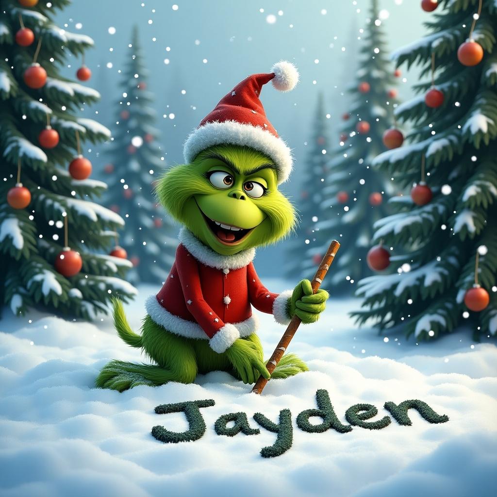 The Grinch in a snowy landscape. Christmas trees in the background. The Grinch is writing 'Jayden' in the snow with a festive expression.