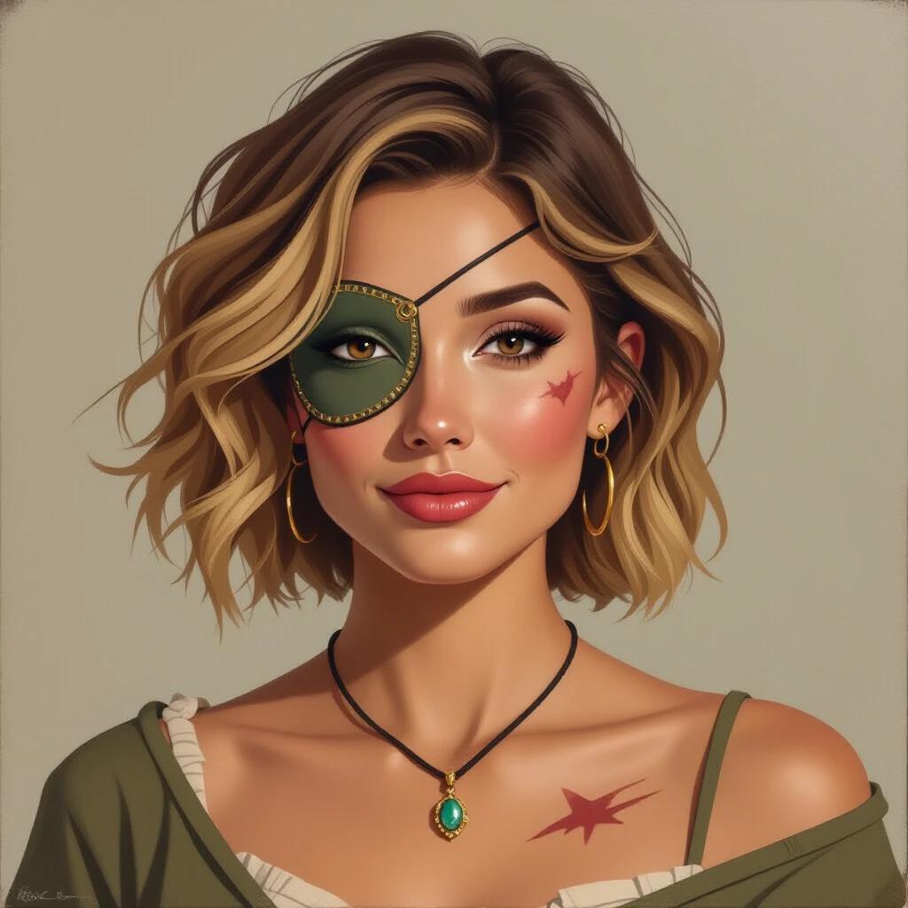An adult female with short, beach-waved hair. Brown eyes with one covered by an ornate patch. She has a subtle yet distant smile. Visible scars on her chin and neck. Bandages cover her chest. She wears a unique, ugly necklace with a single stone. The image showcases her front profile against a neutral background in an oil painting style.
