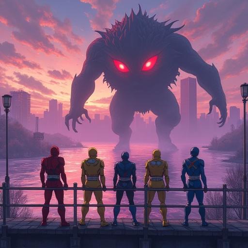 Anime illustration featuring four sentai heroes on a bridge. Heroes are in fighting stances. They face a large monster in the river. The river is polluted with a purple mist. The monster has glowing red eyes and tentacles. Background shows a sunset and city skyline. Heroes show determination to fight the monster.