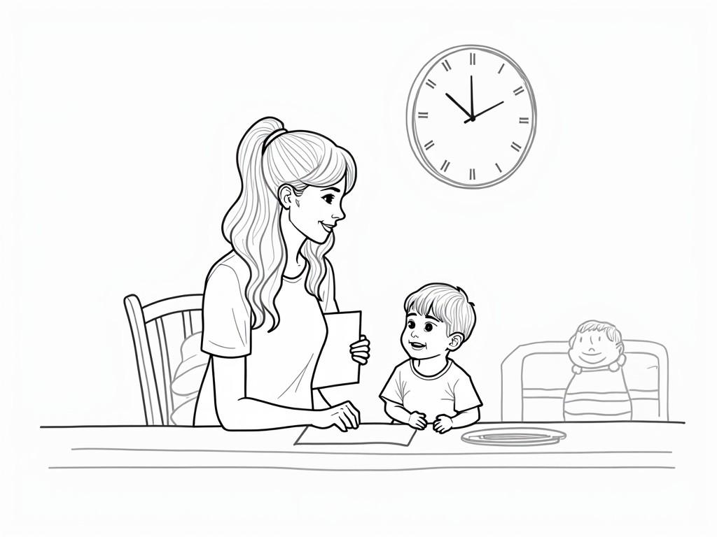 A woman is showing a pencil to a young boy sitting at a table with a notebook, under a wall clock.