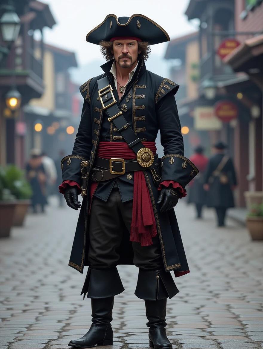 A pirate character wears a black pirate hat and black pirate boots. The outfit is black and crimson with intricate details. Character stands on a cobblestone street in a fantasy setting. The atmosphere resembles Magic: The Gathering style art.
