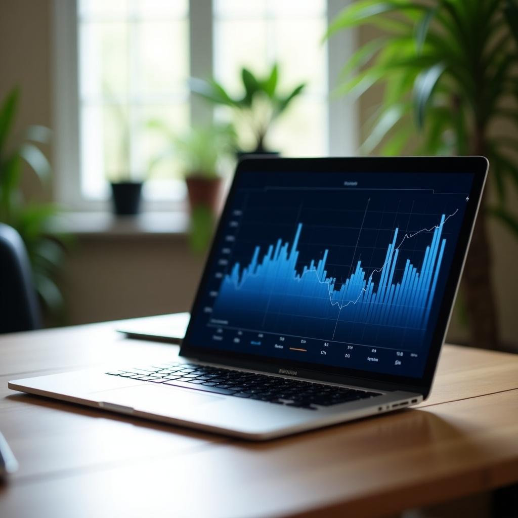 Laptop on a table at an angle. Blue graph displayed on the screen. Data trends visible in the graph. Scene features good lighting. Background includes plants and a window.