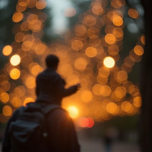 A photo demonstrating depth of field and bokeh with soft light. The image features a person in the foreground with a blurred backdrop of glowing lights. Captured with high detail using a Nikon D850. Suitable for showcasing mood and atmosphere in photography.