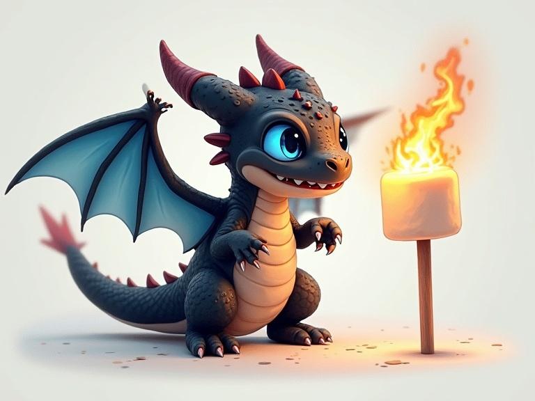 A tiny dragon with black, white, and gray scales sits happily. Wings are spread wide. It breathes fire onto a marshmallow on a stick. The dragon has bright blue eyes with blue highlights.
