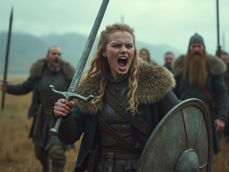 Artistic illustration of a yelling Viking battle scene led by a fierce shieldmaiden. Sword raised with a grim expression. Faded color palette featuring browns and greys in a tundra setting. Dramatic lighting and cinematic shot capture the intensity of the attack.