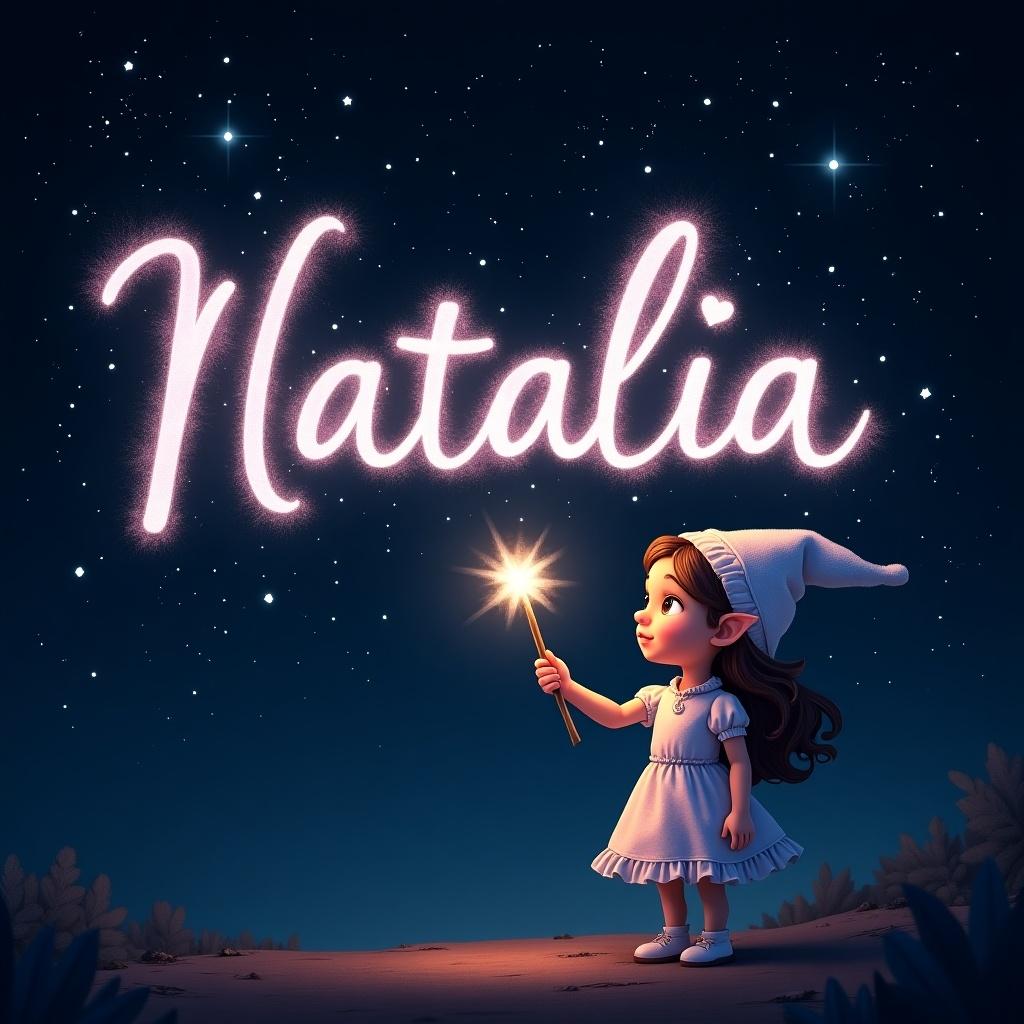 A girl elf is using a magical wand to write names in sparkling text against a starry night sky. The name 'Natalia' glows elegantly. The dark background highlights the white and light pink letters. The scene feels magical and whimsical, inviting viewers into a fantasy world.