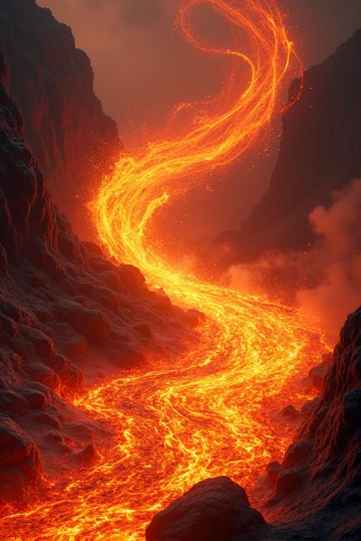 A spectacular lava spell. Vibrant molten lava swirling dynamically. Lava glows intensely illuminating surrounding space. Magical symbols shimmer nearby. Sparks and heat distortions enhance the scene's raw power. Background features dark volcanic elements or ancient structures. Dramatic atmosphere with elegant curves of lava in mid-air. Detailed art showcases realistic lighting and textures.