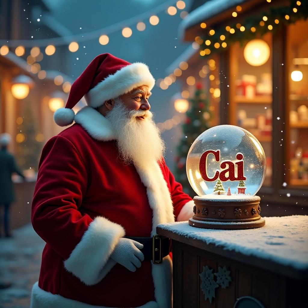 Christmas scene features Santa Claus visiting a factory. Snow globe with name 'Cai'. Background includes toy shop with festive decorations and glowing lights.