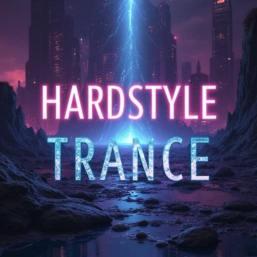 Futuristic album cover featuring glowing text Hardstyle Trance in a digital cityscape background with lightning effects.