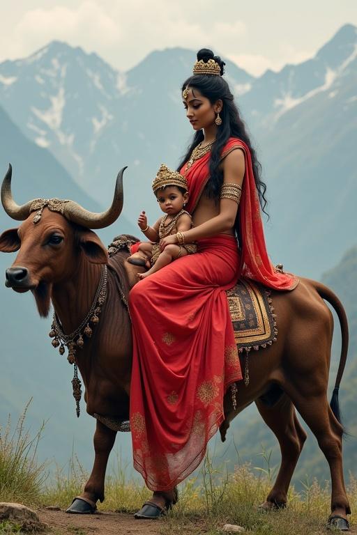 Mata Parvati in red sari with jewelry. Sitting on Nandi bull. Lord Ganesha and Kartikeya as toddlers. Peaceful Himalayan backdrop with nature. Highlights divine nurturing nature.