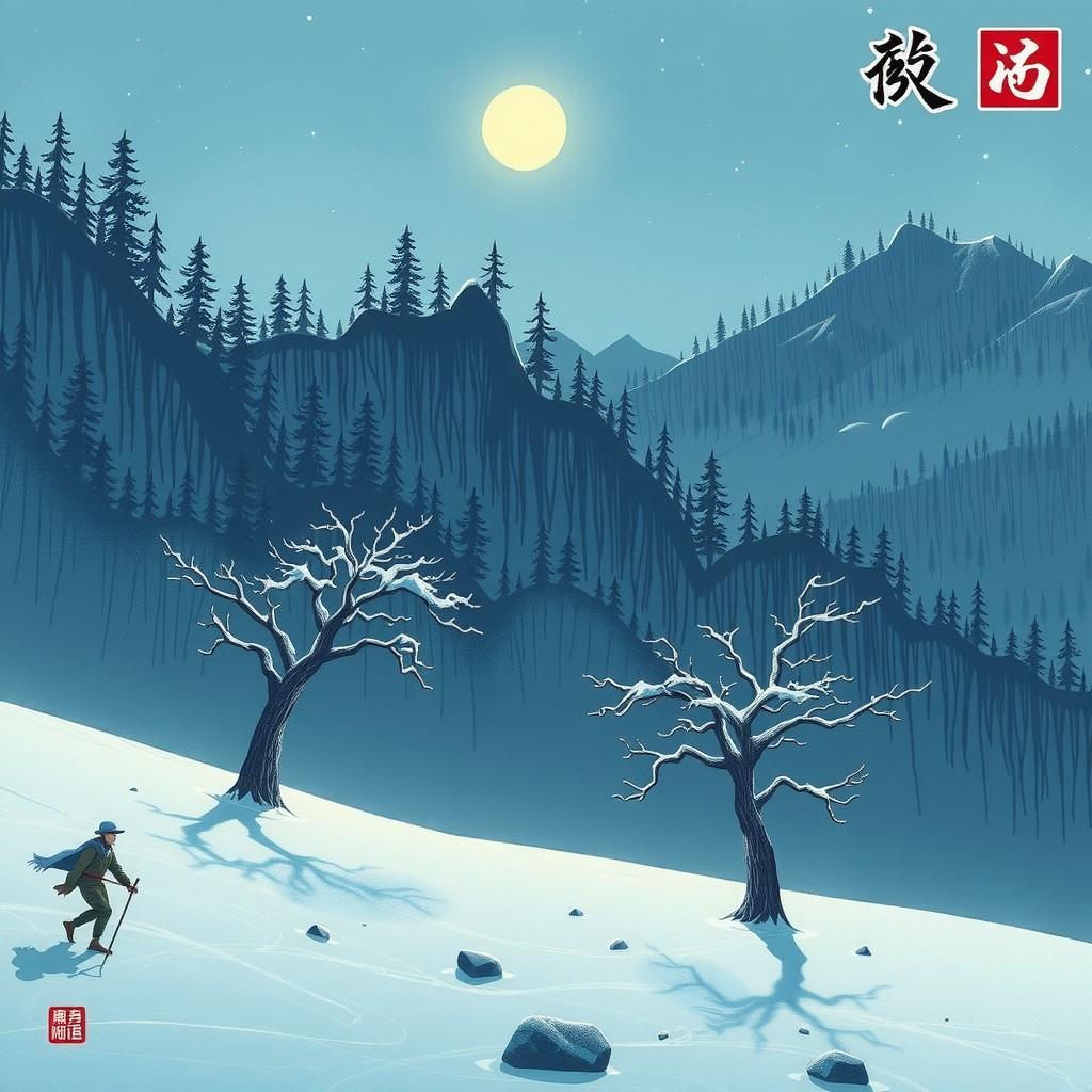 A lone traveler walks through a snowy landscape under a bright full moon.