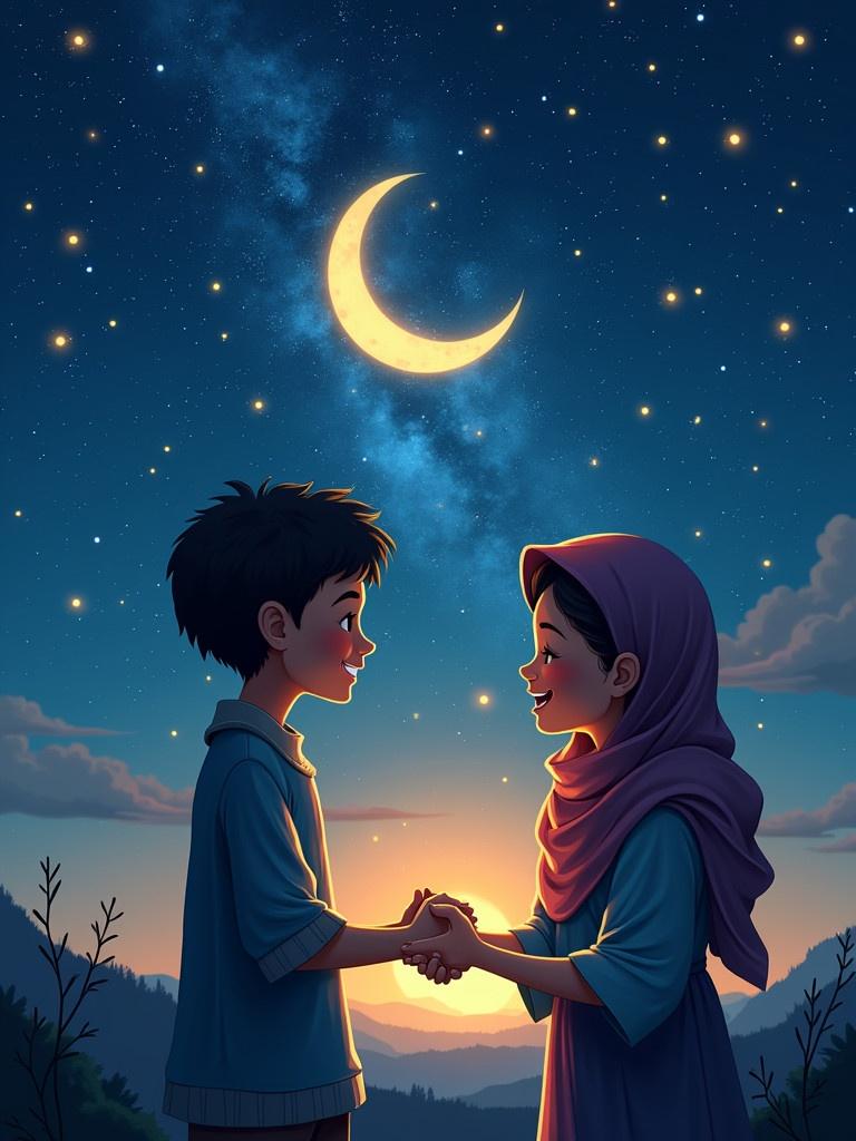 Illustration features beautiful night sky with bright stars and crescent moon. Two figures holding hands in a gesture of forgiveness. The background shows mountains and a horizon with soft light.