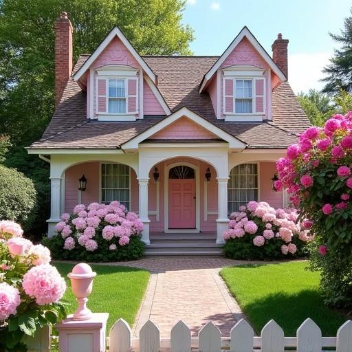 Photo of a light pink and white cottage. Shutters and gingerbread trim visible. Light pink rose bushes and pink and white hydrangea bushes in the garden. Bright sunny day with no dark shadows. A white arbor with pink roses and a pink bougainvillea tree is included.