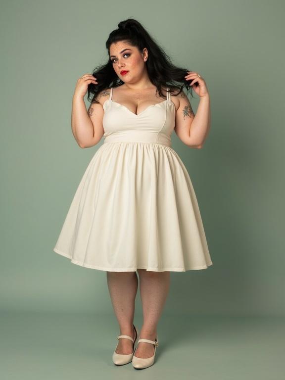 Vintage pin up style photo featuring a woman with black ponytail wearing a white dress and heels. She stands with hands on hair and exhibits a pouting expression.