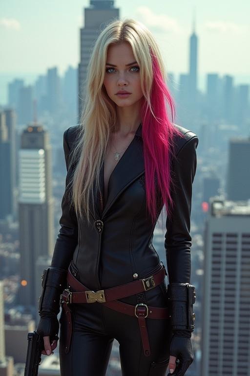 Attractive young woman with long waist-length blonde hair featuring red highlights and pink tips. Bright blue eyes. Dressed in an assassin's brotherhood outfit. Spying on a skyscraper. Carrying a pistol. Behind her, a vast city filled with skyscrapers.