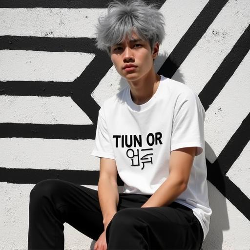 A young person with gray hair wears a white T-shirt with 'TIUN OR' and a geometric design. Black trousers are styled with solid-color sports shoes. The person is seated in front of a geometric textured background in black and white. High-contrast light creates dramatic shadow effects on the clothing and background. The scene embodies modern street art aesthetics.