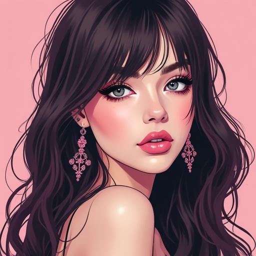 Vector illustration features a feminine boy with long hair styled elegantly. Subject is adorned with makeup and wearing stylish earrings. The background is a soft pastel pink.