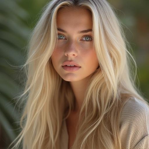 A blonde girl with long hair looks directly at the camera. Soft natural light illuminates her features. She has a calm expression and is wearing a simple top.