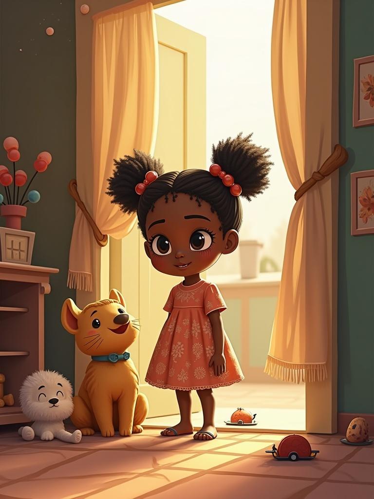 A young girl with puffy hair wearing a bright orange dress stands at a doorway with a playful dog and a few scattered toys. The room is warmly lit by sunlight. The scene suggests a focus on a child's daily life and responsibilities.