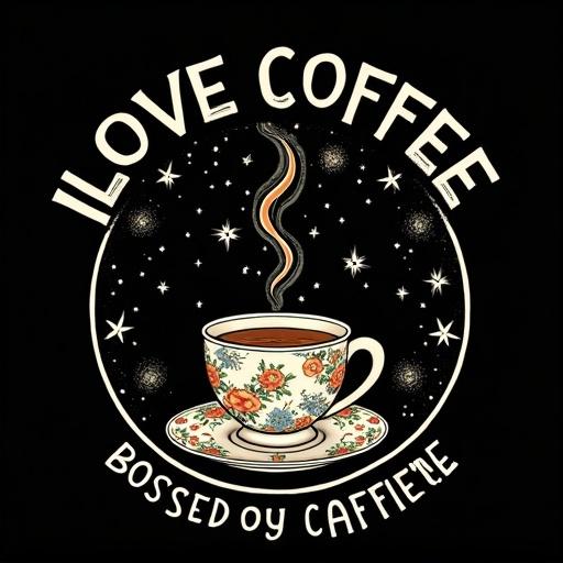 A black background features a white design. In the center, a drawing of a cup of hot coffee or tea decorated with colorful glass. The cup is surrounded by celestial elements including stars and a moon. Above the cup, the phrase 'ILOVE COFFEE BOSSED BY CAFFEINE' is prominently displayed in bold white letters.