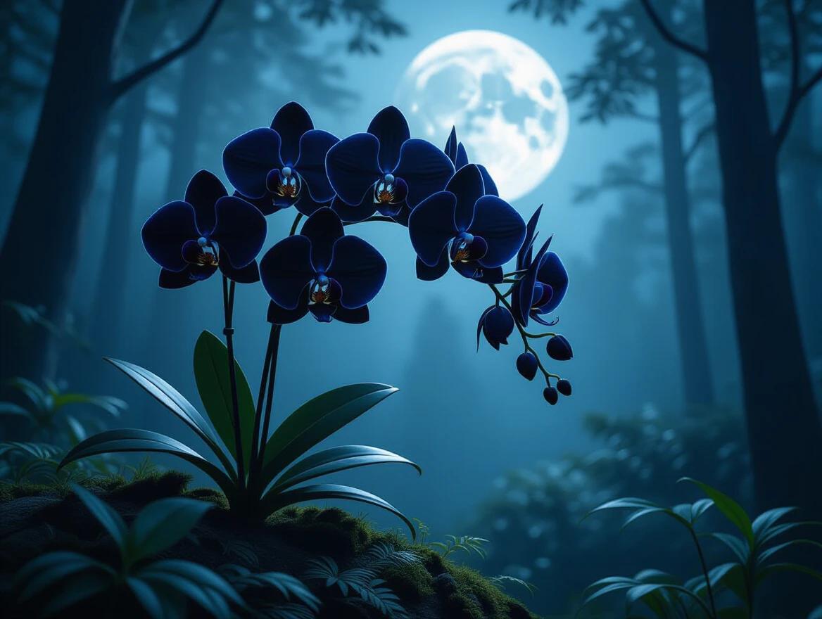 High-quality image of black orchid under moonlight in surreal forest with dramatic lighting