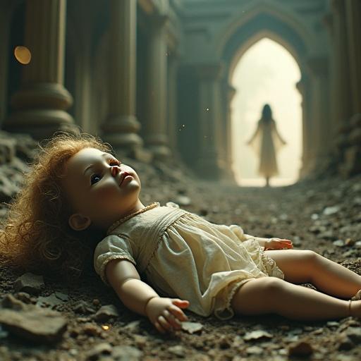 A broken doll is lying in a ruined place. The doll has cracked porcelain skin and hollow eyes. A decaying temple structure is in the background. A goddess-like woman with golden hair and a translucent gown appears from glowing light. She reaches out to the doll with sorrowful eyes. Magic particles float in the air, creating a surreal atmosphere filled with beauty and mystery.