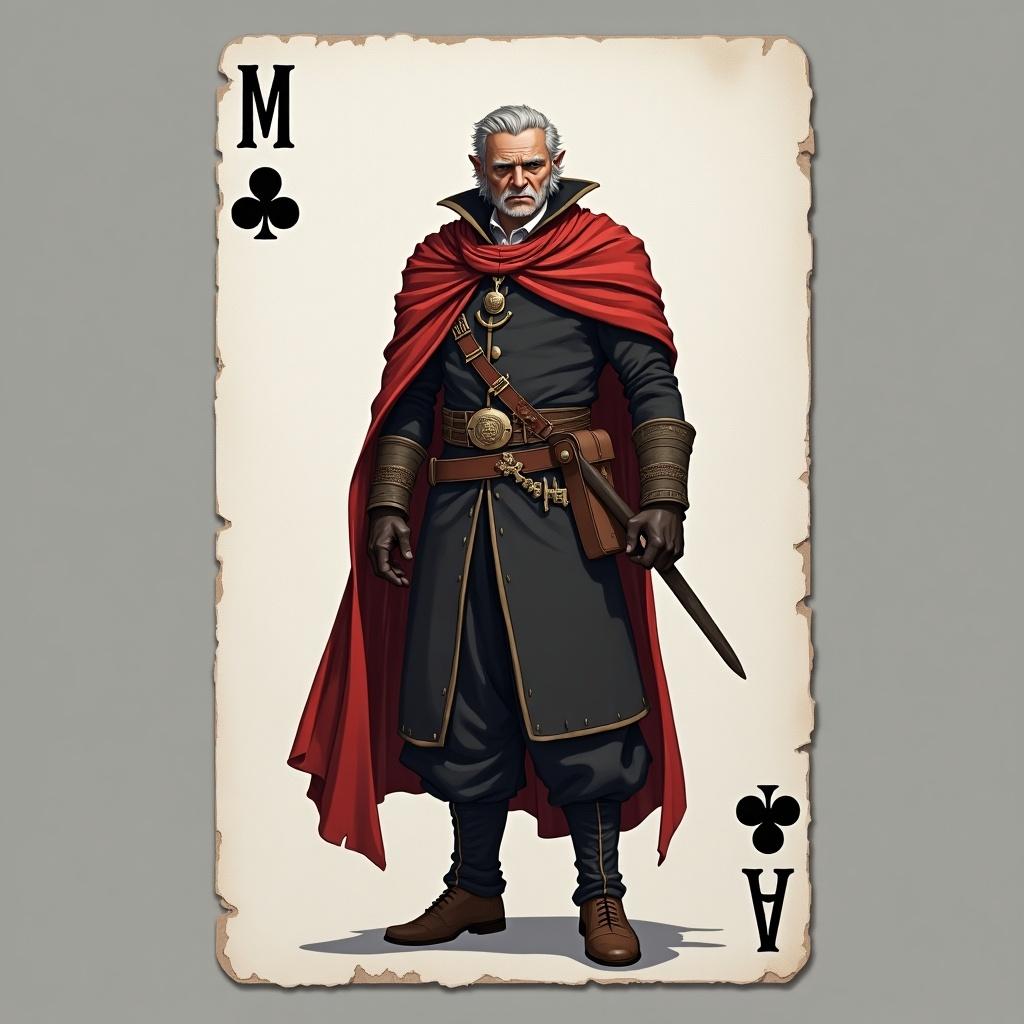 Character named Max depicted on a playing card. The character is wearing a black outfit and a red cape. He holds a sword and has a stern expression. The background of the card is gray.