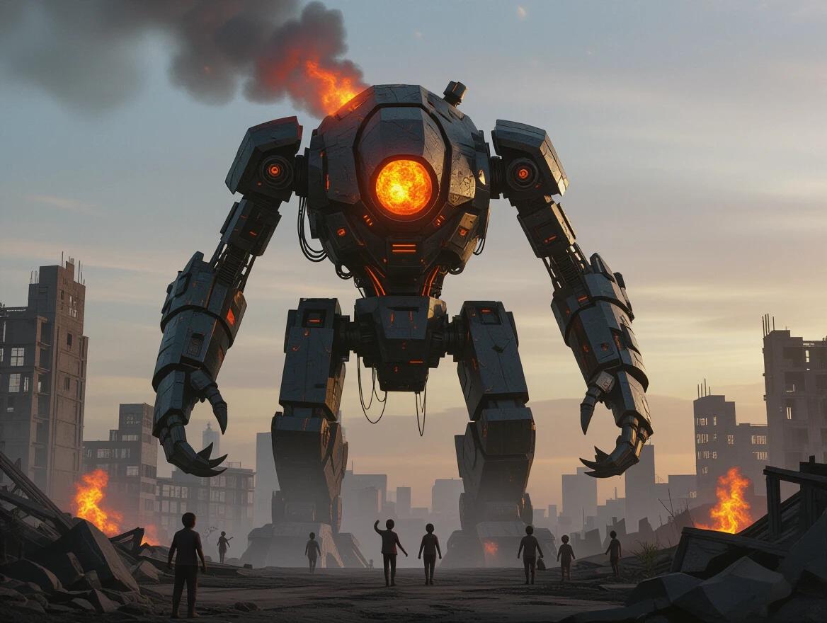 Ultra-detailed 3D render of the Obsidian Nanny. Towering bipedal construct. Forged from volcanic rock and twisted steel. Steam venting from back and shoulders. Molten eyes glowing with magma. Amber orb in chest as cradle for abandoned children. Patrolling war-torn ruins and cities. Cradling orphans in steel arms. Children riding in alcoves around legs. Singing amidst post-apocalyptic ash. Small plants blooming in its wake. Chest seals for danger. Molten claws defending the innocent. Cinematic lighting and dramatic composition.