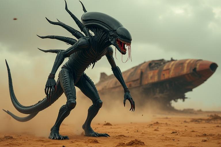 A hyper-realistic cinematic scene on a sandy landscape. Wind blows sand around. In the foreground a Xenomorph stands with a biomechanical design. Elongated head with a black sheen. Bloodied tendrils hang from its mouth. Its body is muscular with a shiny black exoskeleton. Red stains on claws and torso. Curved dorsal tubes on its back. Behind it a massive broken spacecraft lies rusted in the sand. Dust particles float in the air. The atmosphere is silent and eerie. Long segmented tail curves ominously. Clawed hands grip the ground. Camera angle is slightly low and close.