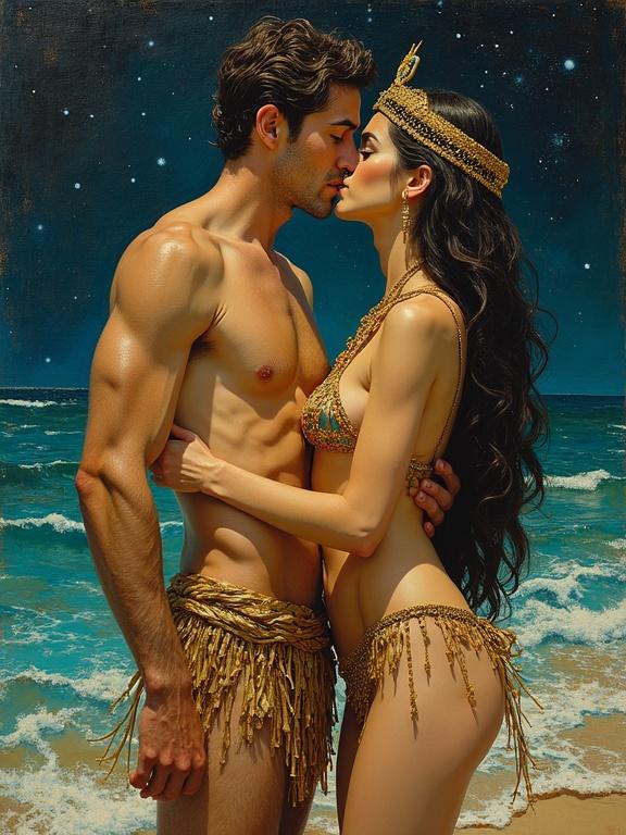A 3D painting inspired by Klimt depicting a couple sharing a kiss. The scene captures a romantic moment at the beach. The male figure wears a phallic bikini while the female figure is dressed in a tiny bikini. The background features a night sky and ocean waves. The theme blends sensuality and classic art.