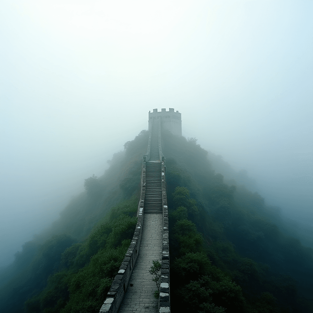 A section of the Great Wall of China disappears into thick mist, with lush greenery lining its ancient stone pathway.