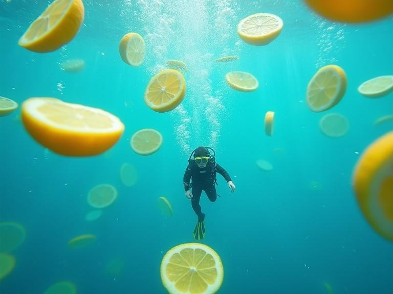 Lemon slices float in vibrant blue water. Camera pans to capture contrasting yellow slices with deep blue backdrop. Tiny bubbles rise and pop. A small diver in full gear swims in the scene, exploring the underwater world. Movement of bubbles and drifting lemon slices create a lively atmosphere.