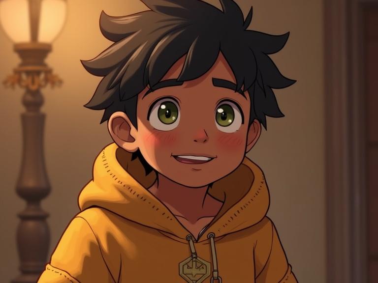 A joyful boy with spiky black hair and large green eyes. He wears a bright yellow hoodie and stands in a warmly lit room. The boy smiles sweetly, suggesting friendliness and approachability.