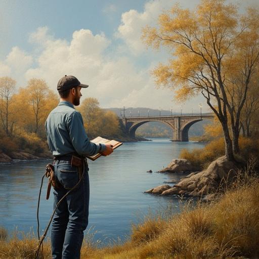 Man standing by a river reading a book. Background features a bridge and trees. Calm natural scene captures the essence of creativity.