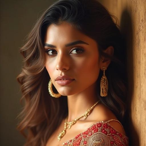 Close-up portrait of a female model with flowing hair wearing traditional Indian attire and jewelry. Soft natural lighting highlights facial features.
