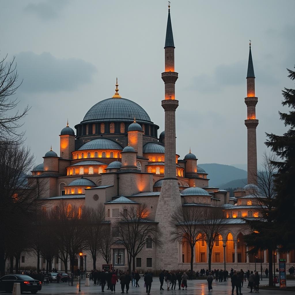 A grand mosque with tall minarets and domes lit warmly during evening. Surrounded by trees and people walking. Dramatic cloudy sky enhances the scene's atmosphere.