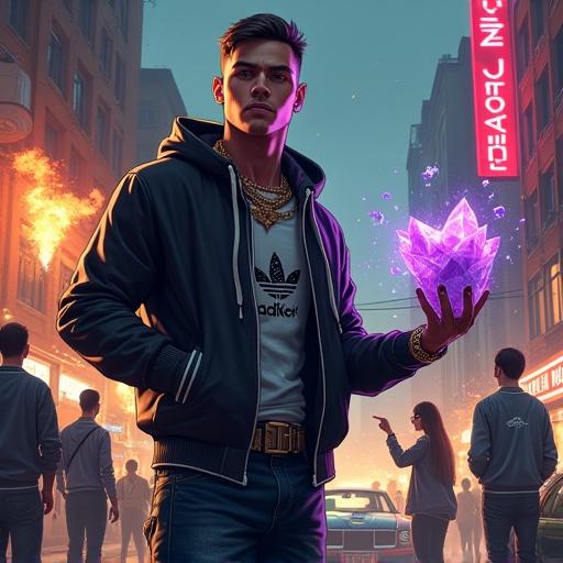 Dynamic street scene featuring confident young man in urban fashion promoting Black Joker products. Hand-drawn style with gritty urban vibe. Main character interacts with product like crystals or flour, surrounded by stylish individuals and gopniks. Action elements include smoke and sparks. Urban setting with Soviet-style buildings and neon signs. Logo integrated into scene aesthetically.