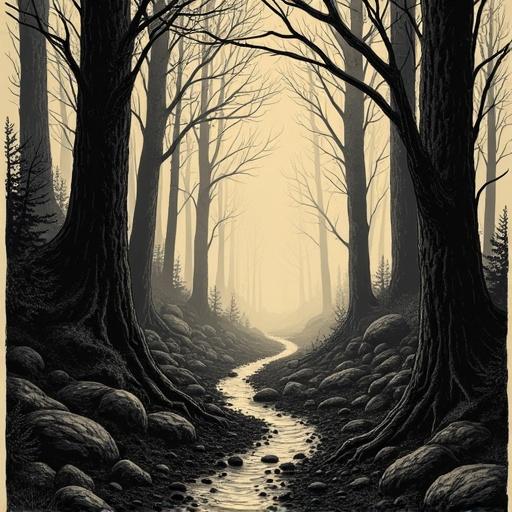 Drawing of a dark forest. Strong lines are used. Two colors only black and beige colors. A winding stream runs through the forest. The style is woodcut. The drawing is made by hand. The atmosphere is haunting and tranquil.