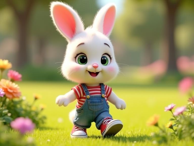 CGI-rendered image of a cute baby white bunny walking through a sunny park. The bunny has soft fluffy white fur with a tiny pink nose. Large sparkling green eyes express innocence. Bunny wears a red-and-white striped T-shirt and denim overalls. Red-and-white sneakers complete the outfit. The scene includes vibrant green grass and colorful flowers with a few tall trees. The atmosphere is whimsical and childlike with warm lighting and high-quality textures.