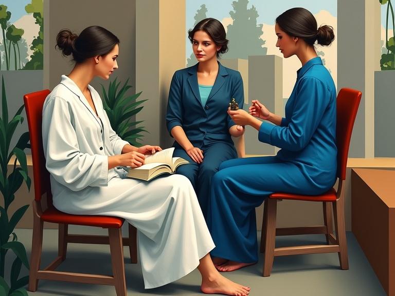 Three women in a cubist setting engage in a conversation in an abstract geometric space. One woman is seated, reading a book while two women stand nearby. The scene explores shared moments and fragmented perspectives with a focus on emotional connection.