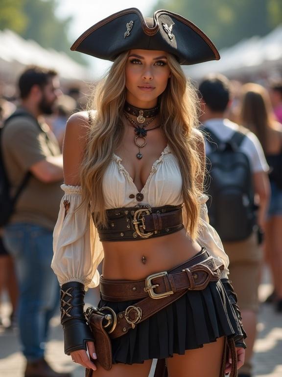 A stunning woman dressed in pirate cosplay stands at a crowded cosplay convention. She has a slim waist and wears a micro school skirt. The outfit highlights her cleavage, lower abdomen, and navel. The image has a pixelated low resolution with brightness and unnatural colors.