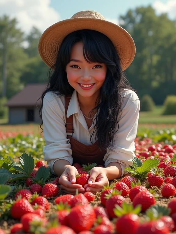 Gorgeous woman with black hair smiling in a strawberry field holding strawberries. Natural setting with a background of woods and a water well. Bright and vibrant colors, capturing a joyful moment in agriculture.