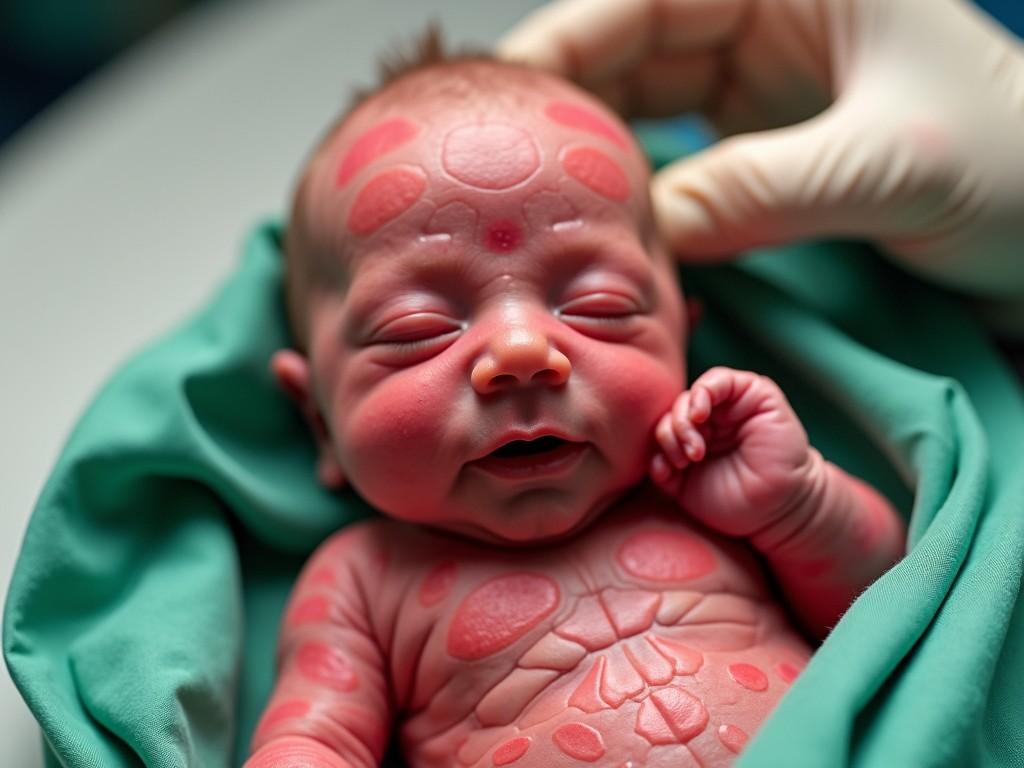 The image shows a newborn baby with a rare medical condition called harlequin ichthyosis. The baby's skin appears red and shiny, covered in large, thick, diamond-shaped plates of skin. These scales make the skin look tight and shiny. The baby is swaddled in green medical cloth, and a gloved hand can be seen in the background, indicating a clinical setting. This condition requires immediate medical attention and specialized care.