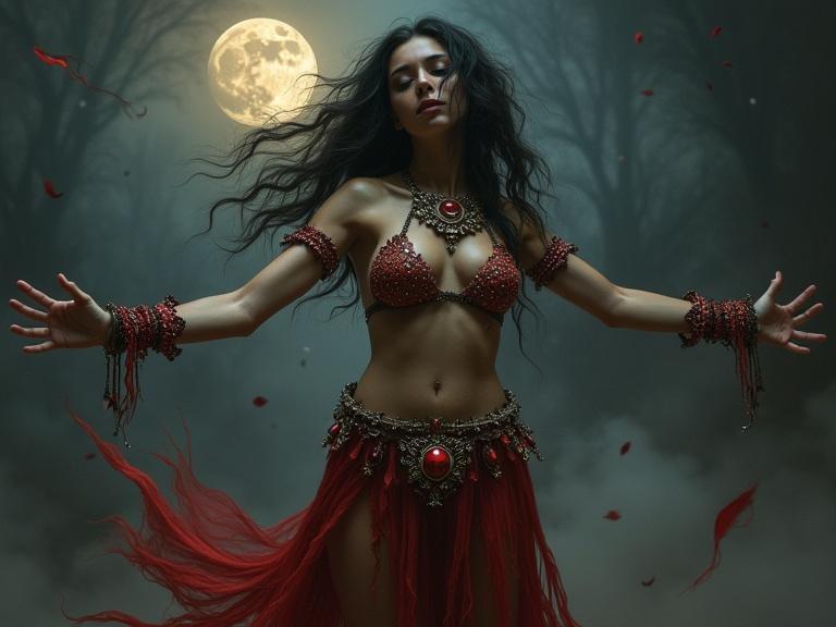 A dramatic beautiful dark sorceress stands with arms extended. She wears a jeweled bikini top and a tattered red skirt. The mist swirls around her as she casts a spell. A small full moon is in the background.