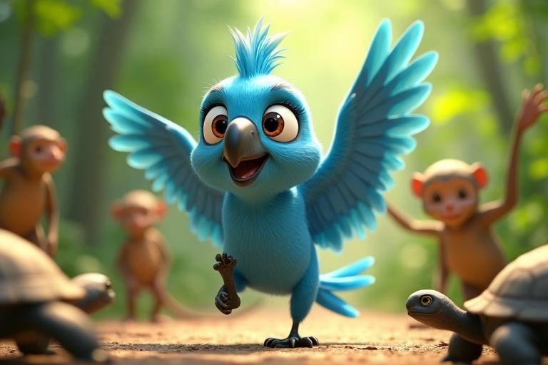 Hyper-realistic animated scene of a blue parrot hopping with monkeys and turtles in the Sundarbans. Bright daylight with vibrant greens and blues. Detailed feathers and expressions.
