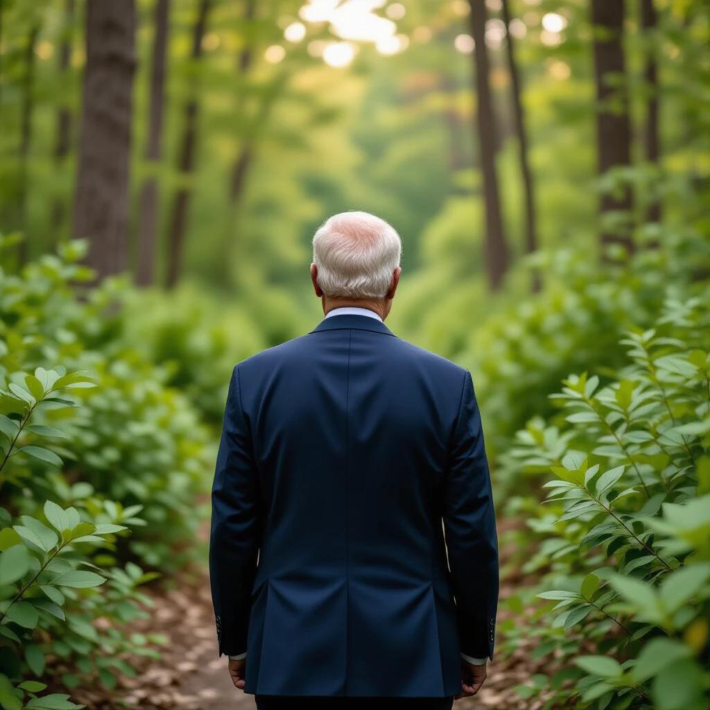 Man in a tailored suit standing in a forest. The figure is viewed from behind. Surrounded by lush green foliage. Sunlight streaming through trees. Emphasis on peaceful outdoor setting.