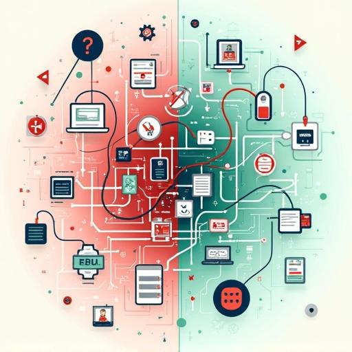 Flat design illustration showing split scene. Left side depicts a chaotic DevOps setup with tangled wires and messy Ansible icons in red and gray tones. Right side shows a clean modular Ansible playbook with tidy folders and clear roles in green, blue, and white tones. Style is flat vector, minimalistic, without text or characters.