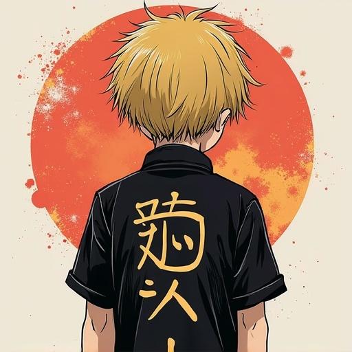 Illustration of a character from an anime named Hunter x Hunter wearing a black T-shirt. The character has blond spiky hair and is viewed from the back. A large orange circle is in the background, creating a strong visual effect. The T-shirt features Japanese text.